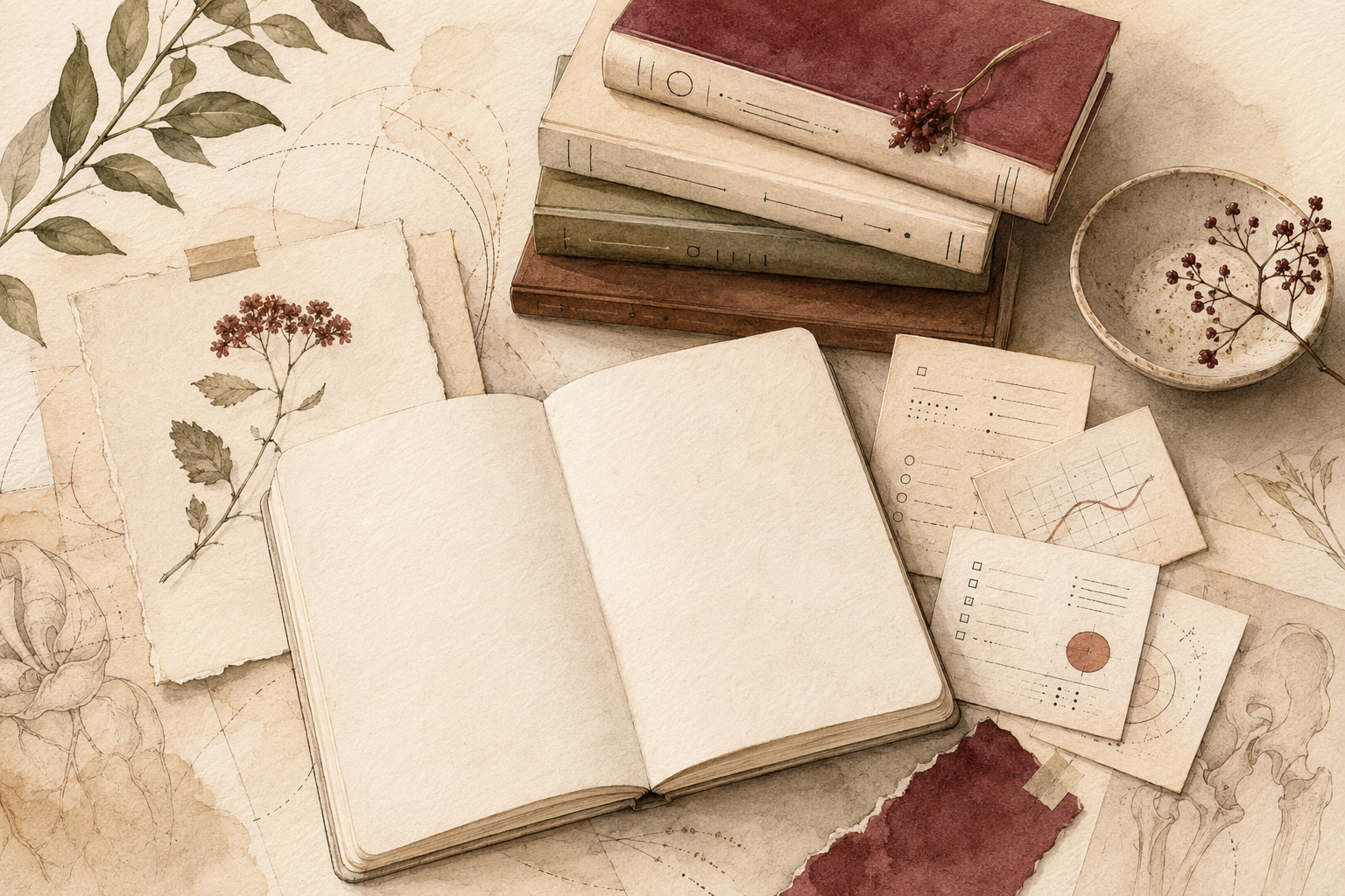 Watercolour illustration of a study desk with stacked books, an open notebook, and small research charts.
