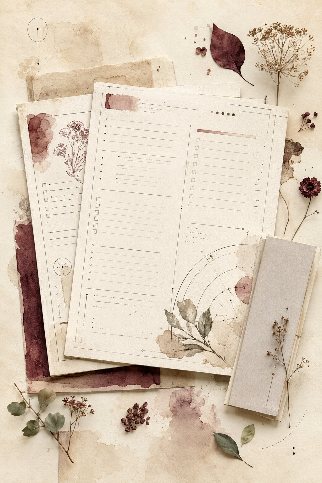 Watercolour illustration of layered worksheets with checklists, ruled lines, and pressed botanicals.