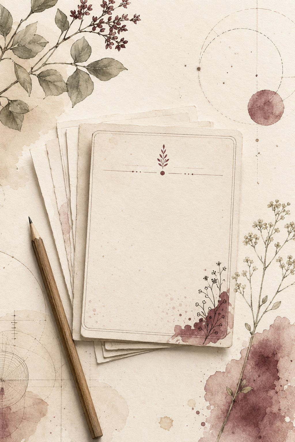 Watercolour illustration of a blank appointment note card with a botanical motif and a wooden pencil.